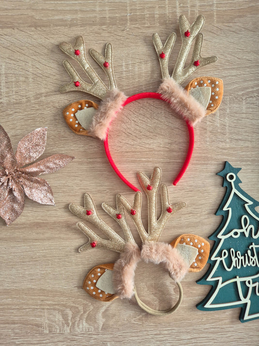 Duo reno dorado en diadema y lacito (mamá-bebé)